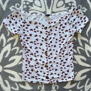 Rue 21 Shirt Off the Shoulder White Floral button Spring Top Size XL